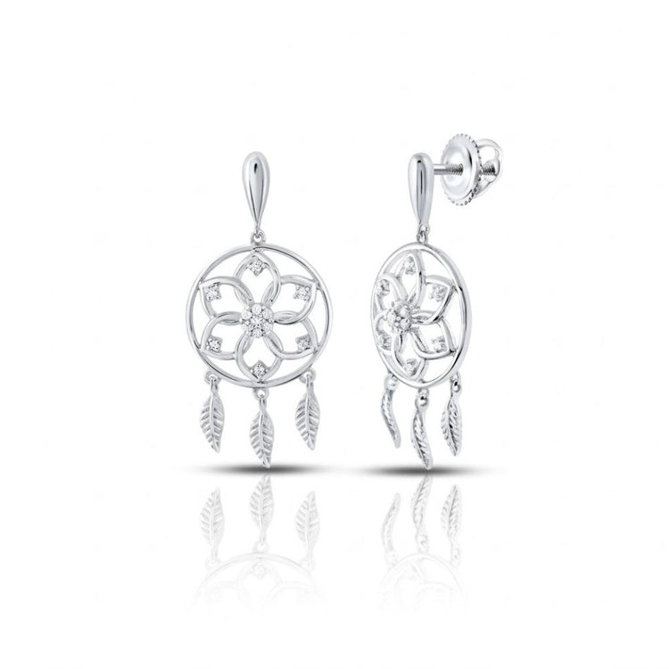 10k Gold Diamond Dream Catcher Earrings with 1/10 CTTW, featuring a floral design and dangling feather-shaped charms, reminiscent of elegant diamond dreamcatcher styles, displayed on a white background.