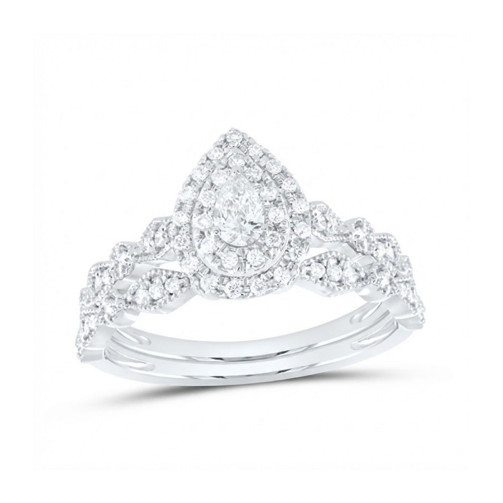 The 10k Gold Pear Diamond Halo Bridal Ring Set 3/8 Cttw features a pear diamond with a matching twisted band, both accented with sparkling diamonds for a stunning white gold wedding ring set.