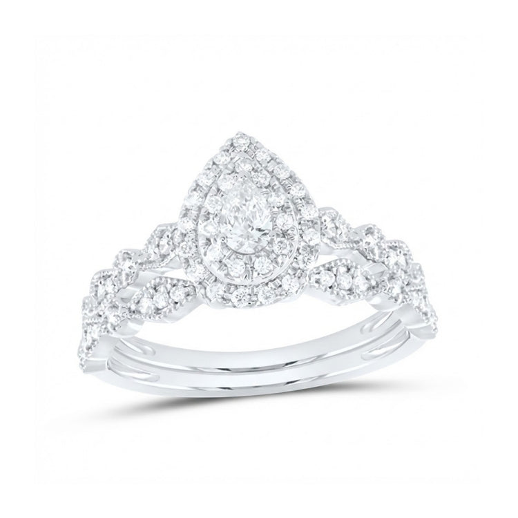 The 10k Gold Pear Diamond Halo Bridal Ring Set 3/8 Cttw features a pear diamond with a matching twisted band, both accented with sparkling diamonds for a stunning white gold wedding ring set.
