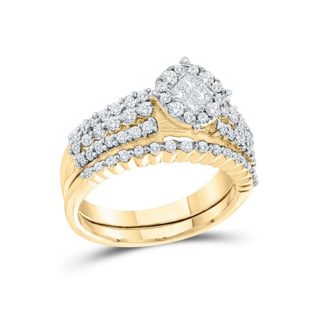 The 14k Gold Princess Diamond Bridal Wedding Ring Set showcases a 1 cttw diamond cluster and matching diamond-studded bands in an elegant bridal design.