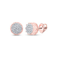 Elegant 10K Gold Diamond Cluster Earrings (1/4 CTTW) feature round rose gold studs with intricate side detailing and a sparkling diamond cluster in a circular pattern, secured with screw-back fastenings.