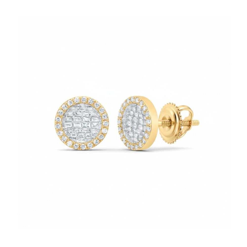 Add chic sparkle to your collection with these 1/2CT Diamond Round Baguette Earrings in 10k Gold, featuring a center cluster of square-cut diamonds framed by smaller round stones and secure screw-back closures.