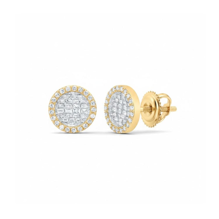 Add chic sparkle to your collection with these 1/2CT Diamond Round Baguette Earrings in 10k Gold, featuring a center cluster of square-cut diamonds framed by smaller round stones and secure screw-back closures.