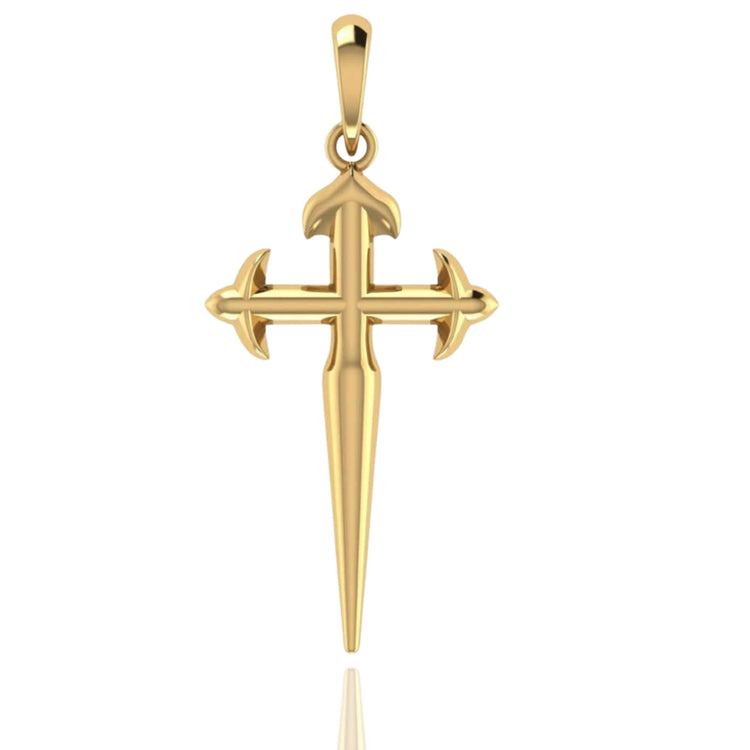 The 14k Gold Fleur-De-Lis Cross Pendant features flared arms and pointed ends, with a loop for your chain—a modern, polished take on the classic cross design.