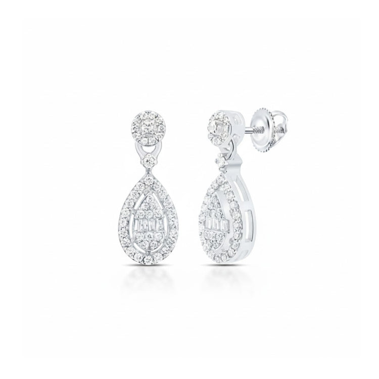 The 1/3CTW Natural Diamond Pear Dangling Earrings feature round and teardrop diamond clusters set in white 10k gold with intricate detailing and secure stud backs.