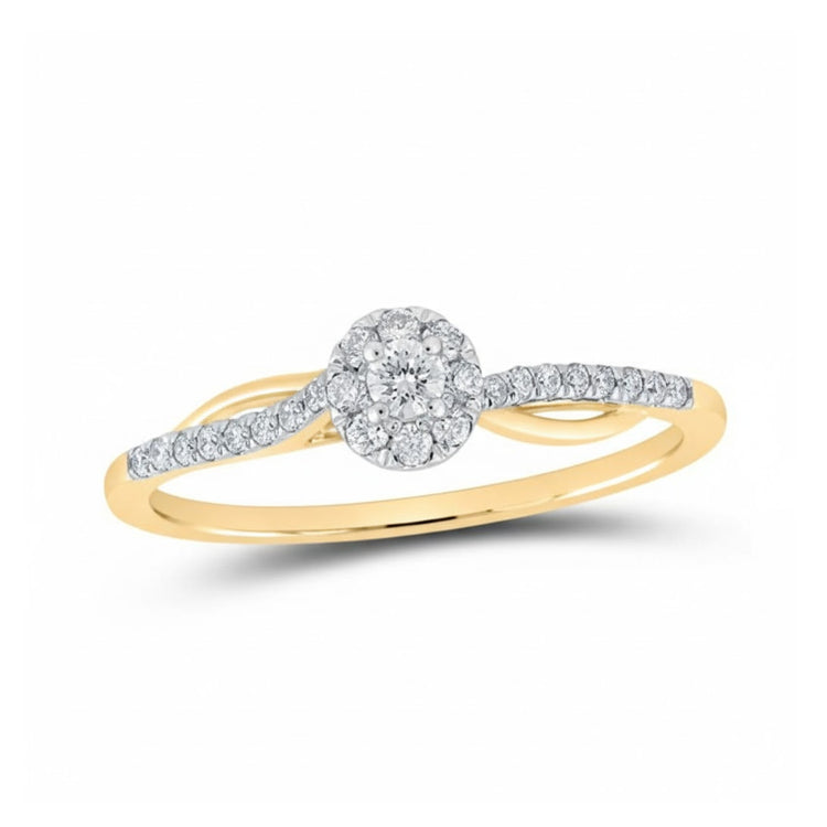 A 10k yellow gold promise ring with a round diamond halo design, featuring 1/5 cttw of diamonds and additional diamonds set along the twisted band.