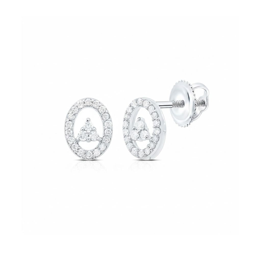 The 1/6CT Natural Diamond Oval Earrings in 10k Gold feature a central cluster of three natural diamonds, bordered by smaller stones and set with secure screw-back posts for elegance and safety.