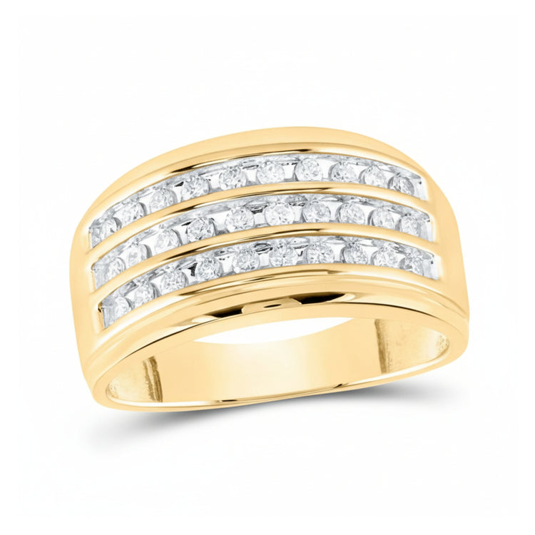 The 10K Yellow Gold Triple Row Diamond Band Ring 1/2 Cttw features three horizontal rows of round-cut diamonds set into the band, shown against a white background.
