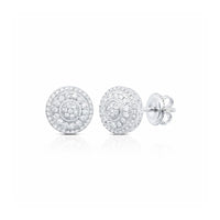 The 10k Gold Men’s Round Diamond Earrings 5/8 Cttw feature round studs with concentric circles of sparkling diamonds set in 10k gold and butterfly backings, shown against a white background.