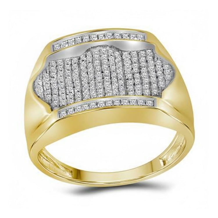 This 10k yellow gold men's ring features a wide rectangular arched top with a geometric cluster of round diamonds (1/2 cttw), framed by a raised border and set on a polished gold band.