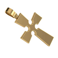 The 14k Gold Gothic Cross Pendant features geometric, beveled edges and cut-out circular notches at the intersections, displayed on a white background.