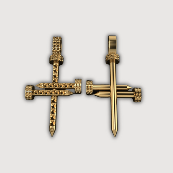 Diamond Nail Cross Pendant in 14K Gold, featuring radiant diamonds and intricate craftsmanship, symbolizing resilience and faith.