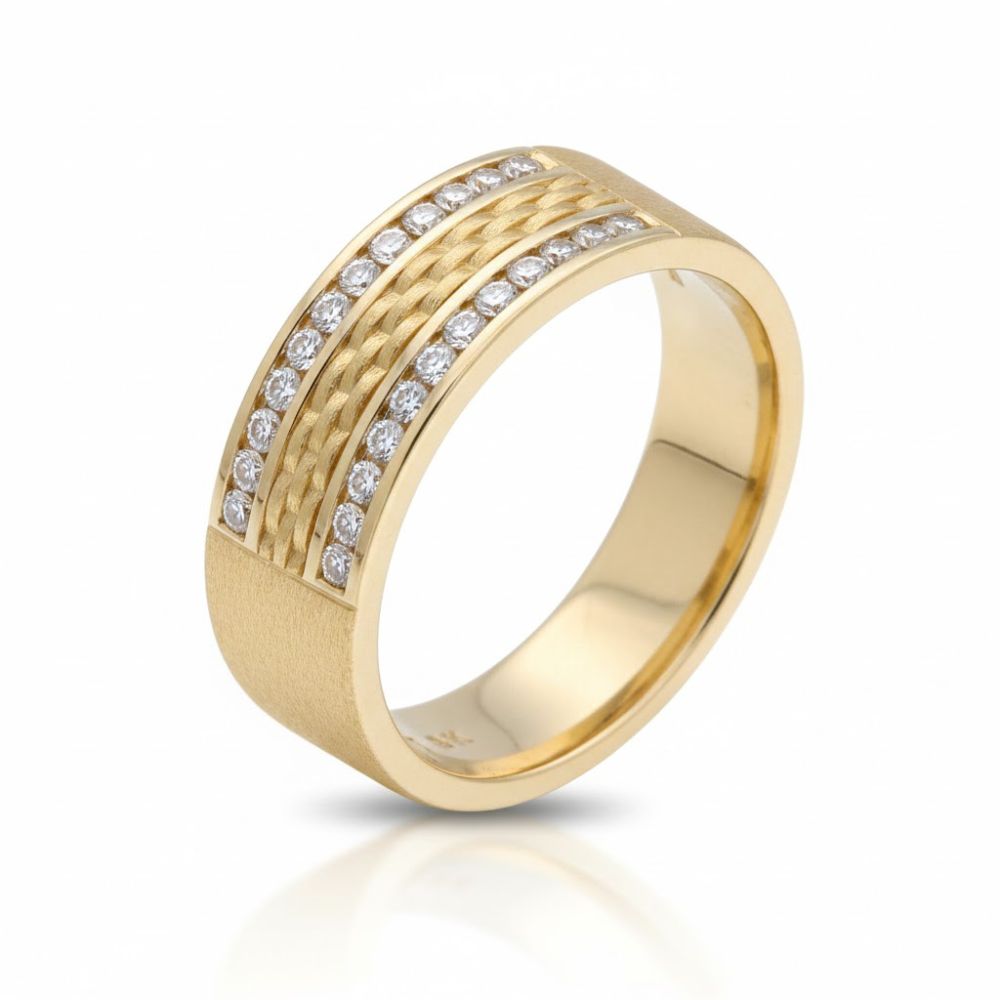 The 14k Yellow Gold Diamond Wedding Band Ring 1/2 Cttw features three textured central bands and two rows of sparkling round diamonds along the edges, shown on a white background.