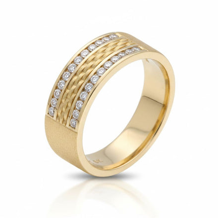 The 14k Yellow Gold Diamond Wedding Band Ring 1/2 Cttw features three textured central bands and two rows of sparkling round diamonds along the edges, shown on a white background.