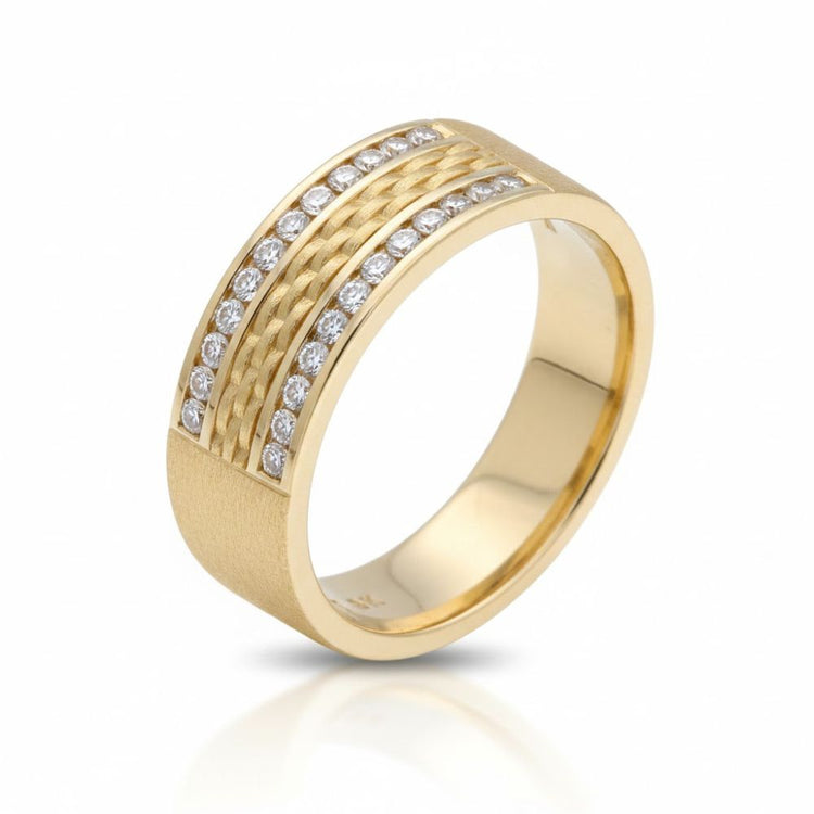 The 14k Yellow Gold Diamond Wedding Band Ring 1/2 Cttw features three textured central bands and two rows of sparkling round diamonds along the edges, shown on a white background.
