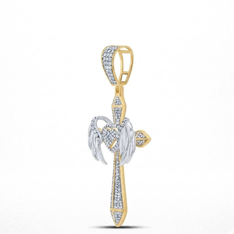 The 1 1/5CTW Natural Diamond Chrome Hearts Cross Charm is crafted in 10K gold, featuring a cross pendant with heart and angel wing accents, detailed design, and sparkling natural diamonds—a bold hip hop jewelry piece.