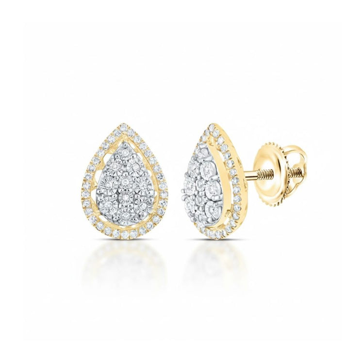 The 10k Gold Pear Diamond Clover Earrings 1/6 Cttw feature teardrop-shaped designs with central diamond clusters, bordered by additional diamonds, and are shown with secure screw-back posts.