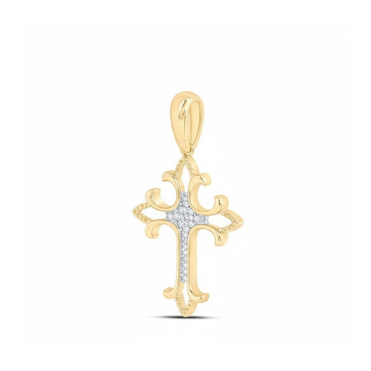 The 1/12CTW Diamond Fashion Cross Pendant in 10K gold features decorative curved edges, natural diamonds at the center, and a matching gold bail—an elegant jewelry piece shown against a plain white background.