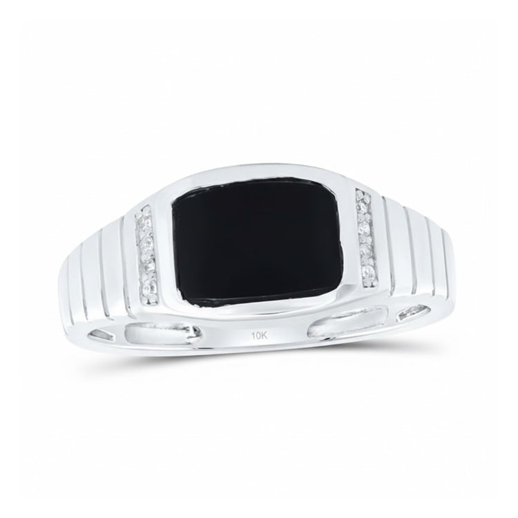 The 10K White Gold Onyx Black Men’s Ring 1/20 CTTW features a rectangular black onyx center, clear accent stones, and a ribbed band design for classic style.
