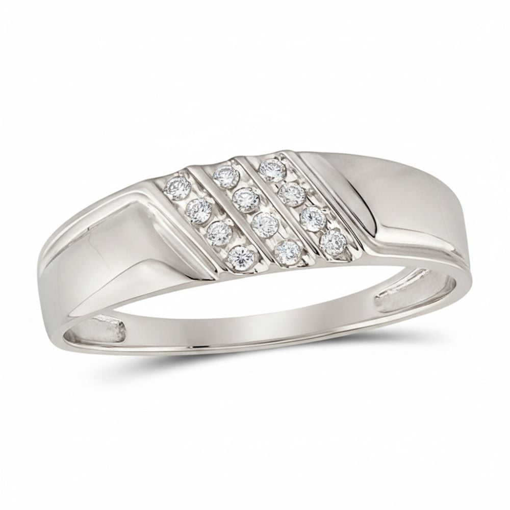 The 10k Gold Diamond Diagonal Triple Row Wedding Band 1/8 Cttw features nine round diamonds in three diagonal rows across the top, set on a smooth, polished band with geometric detailing on each side.