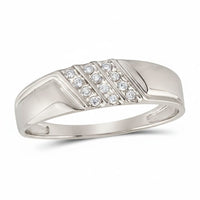 The 10k Gold Diamond Diagonal Triple Row Wedding Band 1/8 Cttw features nine round diamonds in three diagonal rows across the top, set on a smooth, polished band with geometric detailing on each side.