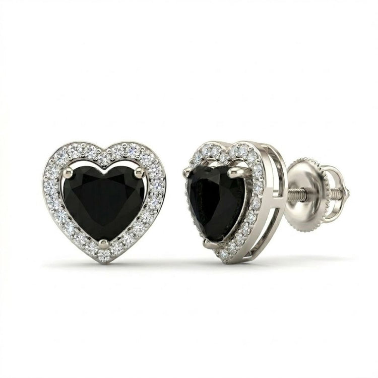 Heart 5mm Black Onyx Diamond Earrings 1/5CTW in 10k gold feature heart-shaped black onyx centers, bordered by natural diamonds with secure screw-back fastenings, all set in white gold and shown on a white background.