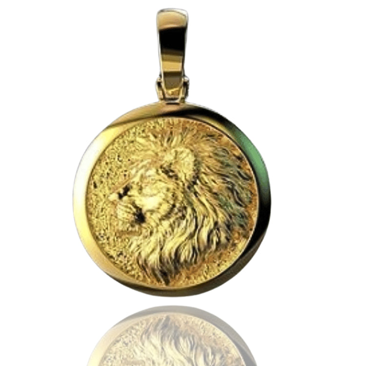 The 14K Yellow Gold Lion's Head Pendant features an embossed, detailed lion's profile with a smooth gold border and a reflective surface.