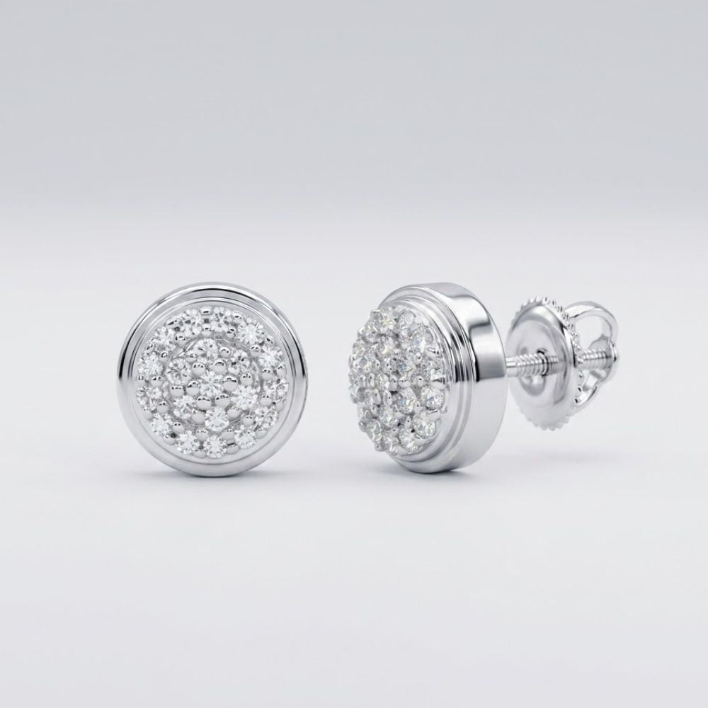 1/10CTW Natural Diamond Round Gift Earrings in 10K Gold, each stud sparkles with clustered diamonds and is shown on a plain light background.