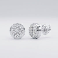 1/10CTW Natural Diamond Round Gift Earrings in 10K Gold, each stud sparkles with clustered diamonds and is shown on a plain light background.