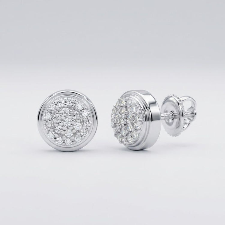1/10CTW Natural Diamond Round Gift Earrings in 10K Gold, each stud sparkles with clustered diamonds and is shown on a plain light background.