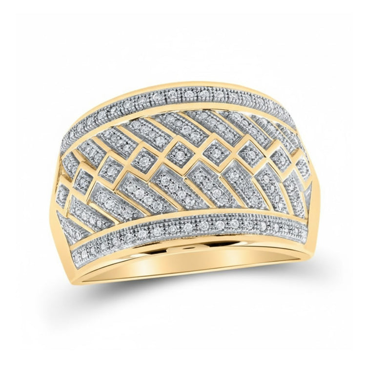 The 10k Yellow Gold Diamond Band Ring 1/3 Cttw features an intricate geometric pattern with multiple round diamonds and diamond borders, offering a sophisticated and luxurious look.