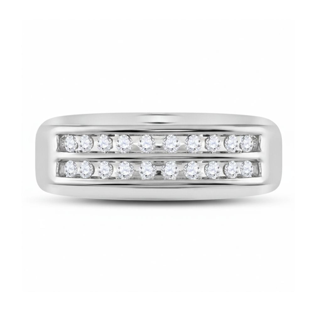 The 10k Gold 2-Row Diamond Wedding Band – 1/4 Cttw features two parallel rows of channel-set diamonds for a sleek, modern look, shown against a plain white background.