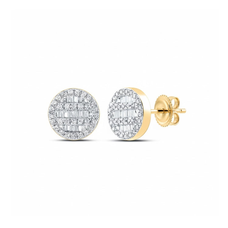 10k Yellow Gold Baguette Diamond Cluster Earrings close-up detail - GOLDZENN