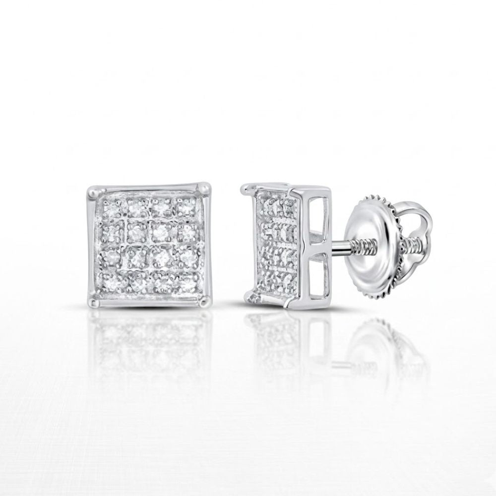 Sterling Silver Diamond Cluster Earrings 1/10 Cttw feature a grid-patterned square design, set in white metal with secure screw-back closures. Earrings are shown from the front and side on a white background.