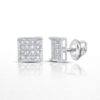 Sterling Silver Diamond Cluster Earrings 1/10 Cttw feature a grid-patterned square design, set in white metal with secure screw-back closures. Earrings are shown from the front and side on a white background.
