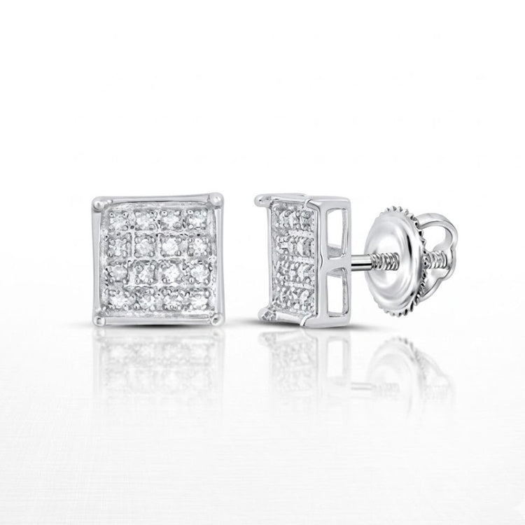 Sterling Silver Diamond Cluster Earrings 1/10 Cttw feature a grid-patterned square design, set in white metal with secure screw-back closures. Earrings are shown from the front and side on a white background.