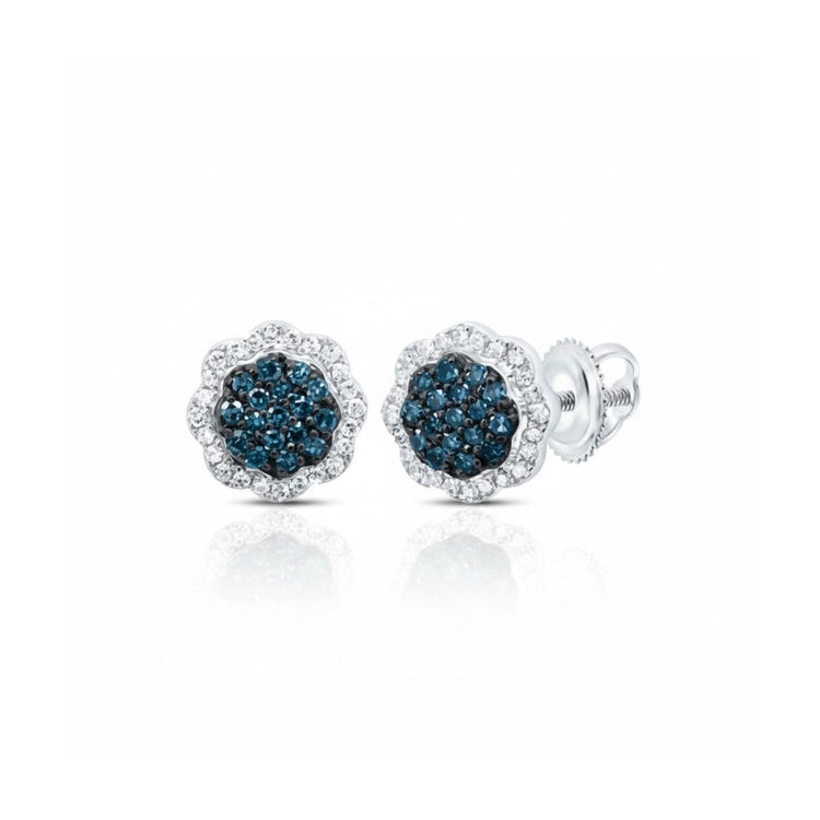 1/4CTW Blue Diamond Flower Earrings in 10k Gold feature a cluster of blue diamonds at the center, surrounded by clear stones and set in gold with secure screw-back closures.