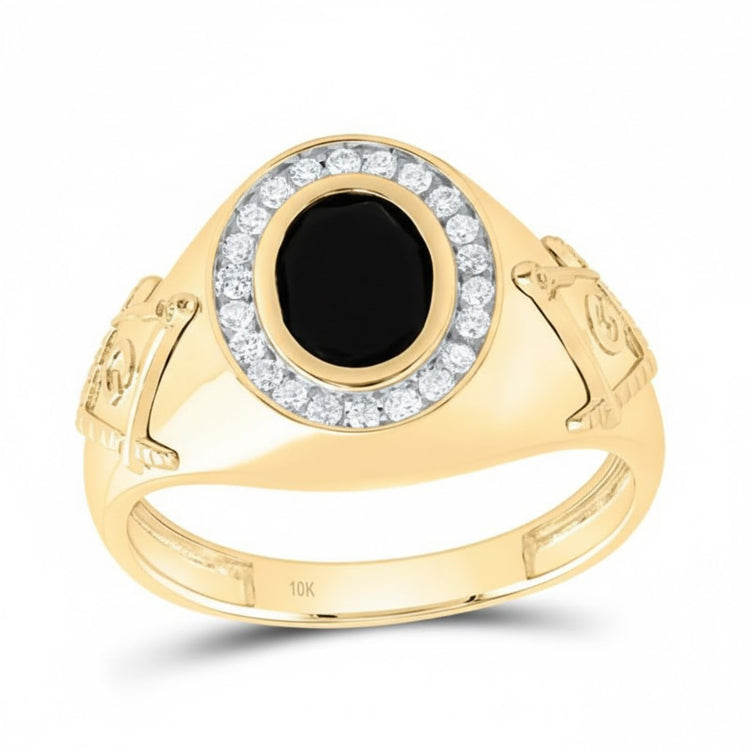 The 10k Yellow Gold Onyx Mason Men’s Ring 1/5 CTTW features a central oval onyx stone, clear gemstones, side engravings, and a stamped 10K inner band.