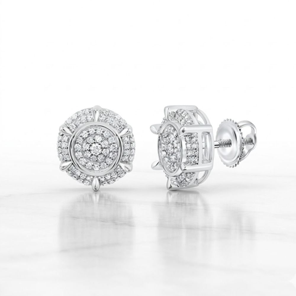 The 1/2 CTTW Natural Diamond Round Men’s Earring in 10K Gold features a cluster of small diamonds in a circular design, each with a secure screw-back closure, displayed on a light surface.