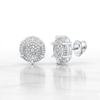 The 1/2 CTTW Natural Diamond Round Men’s Earring in 10K Gold features a cluster of small diamonds in a circular design, each with a secure screw-back closure, displayed on a light surface.