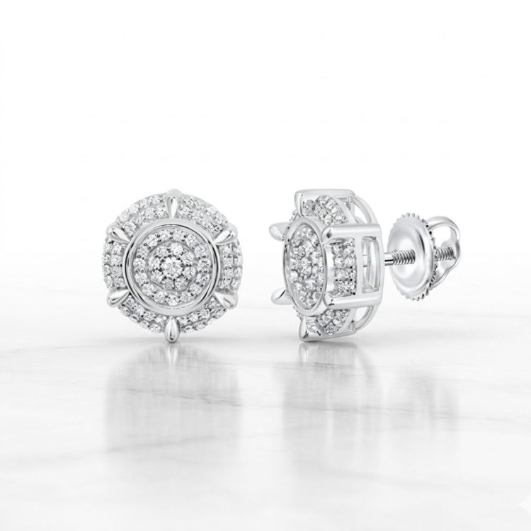 The 1/2 CTTW Natural Diamond Round Men’s Earring in 10K Gold features a cluster of small diamonds in a circular design, each with a secure screw-back closure, displayed on a light surface.