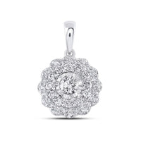 The 10k Gold Diamond Fashion Pendant 3/4 Cttw showcases a round center diamond encircled by two scalloped layers of smaller diamonds in a flower-like design, finished with a polished bail and set against a plain white background.