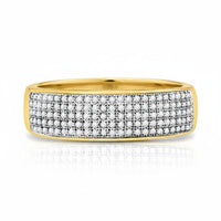 The 10k Gold Round Diamond Wedding Band Ring 3/8 Cttw features a wide band with multiple rows of closely set sparkling diamonds, making it an ideal anniversary or wedding ring.