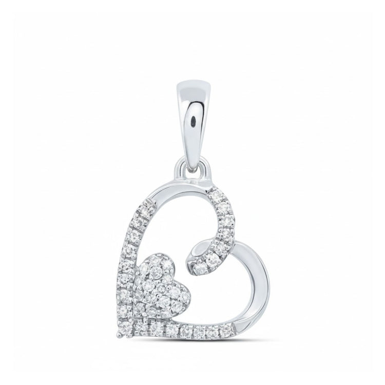 A 10K gold heart pendant sparkling with 1/10 CTW diamonds, featuring clusters of white gemstones along elegant curves—an ideal 10K Gold Diamond Heart Pendant against a white background.