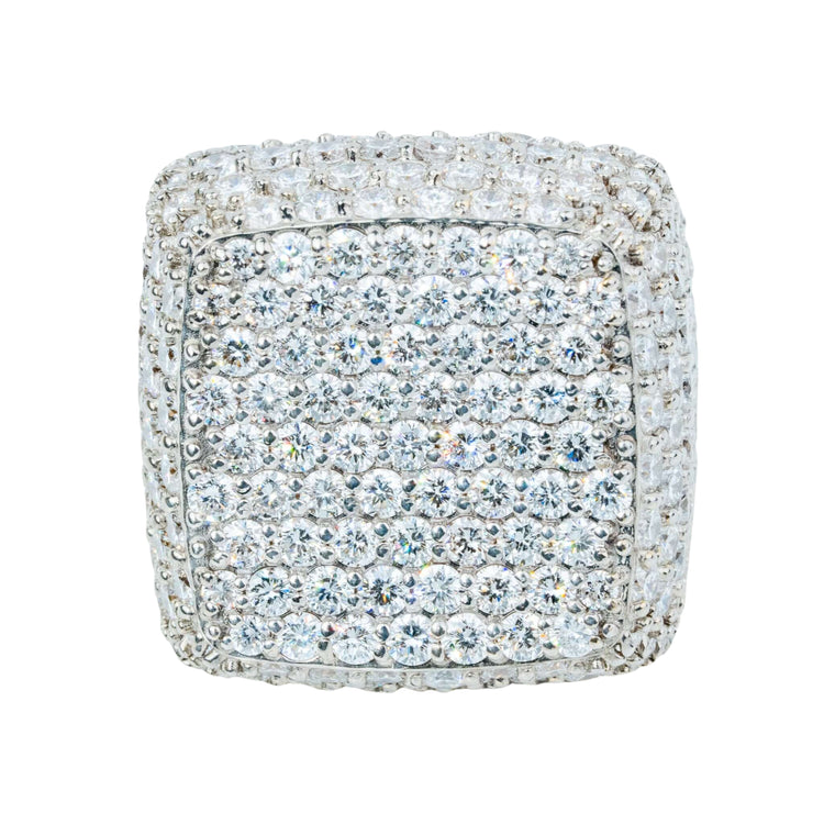 The Iced-Out Square Cluster Ring | 13.1 CT Lab Diamond 14k Gold showcases multiple rows of lab diamonds in a grid pattern on a solid gold band, photographed against a white background.