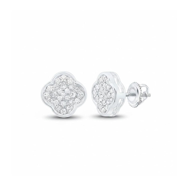Diamond Clover Earrings in 10k Yellow & White Gold, featuring a cluster of small natural diamonds, are displayed from the front and side against a white background.