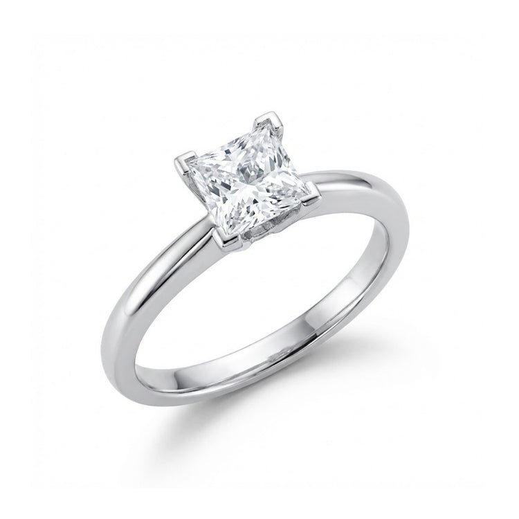 The 14k White Gold Princess Diamond Bridal Ring 3/4 Cttw showcases a princess diamond solitaire on a simple, elegant band, set against a white background.