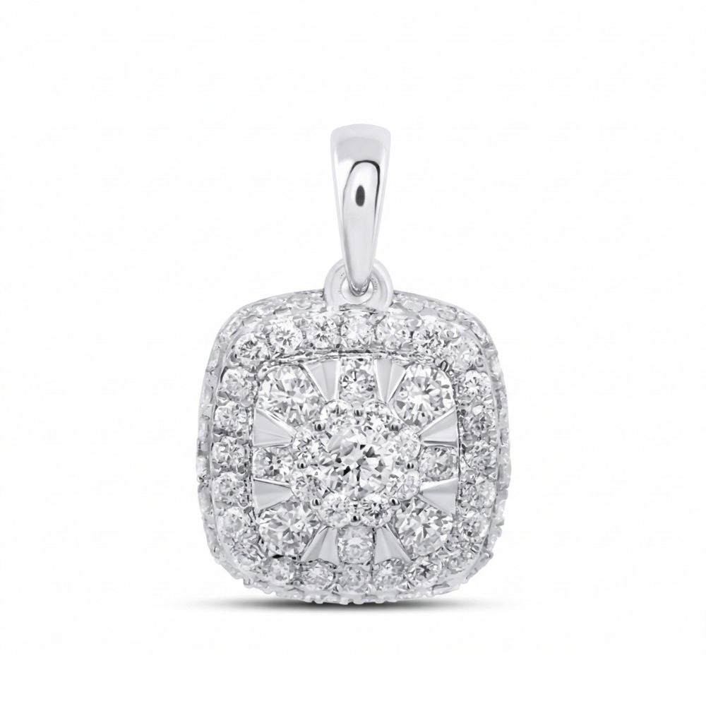 The 14K Gold 1/2 Ctw Diamond Cushion Pendant features a cluster of round diamonds at its center, framed by a double halo of sparkling stones and set in polished 14K gold for timeless elegance.