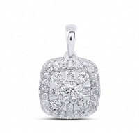 The 14K Gold 1/2 Ctw Diamond Cushion Pendant features a cluster of round diamonds at its center, framed by a double halo of sparkling stones and set in polished 14K gold for timeless elegance.
