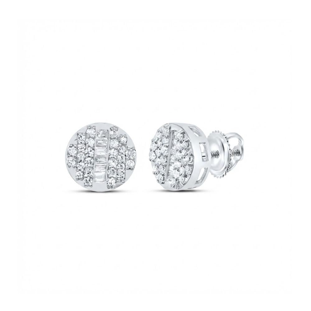 10k Gold Round Diamond Stud Earrings 1/4 Cttw feature a central row of baguette diamonds, clusters of round diamonds on each side, and secure screw-back closures, all crafted in white metal.